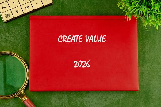 A red folder displays the phrase Create Value 2026 on a green surface. A magnifying glass and a calculator hint at planning and analysis for upcoming business opportunities photo