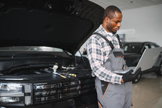 Black auto mechanic running diagnostic on laptop while analyzing engine problems in a workshop 98 photo