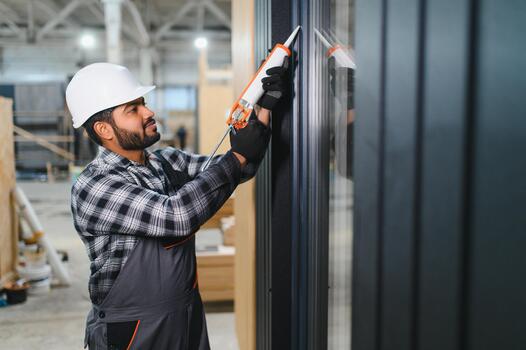 Indian worker is applying polyurethane foam ,to fill gap ,between sash and window frame in prefabricated modular house photo