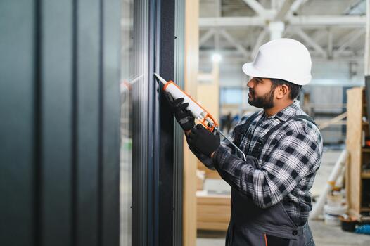 Indian worker ,is applying polyurethane foam to fill gap between sash and window frame in prefabricated modular house photo