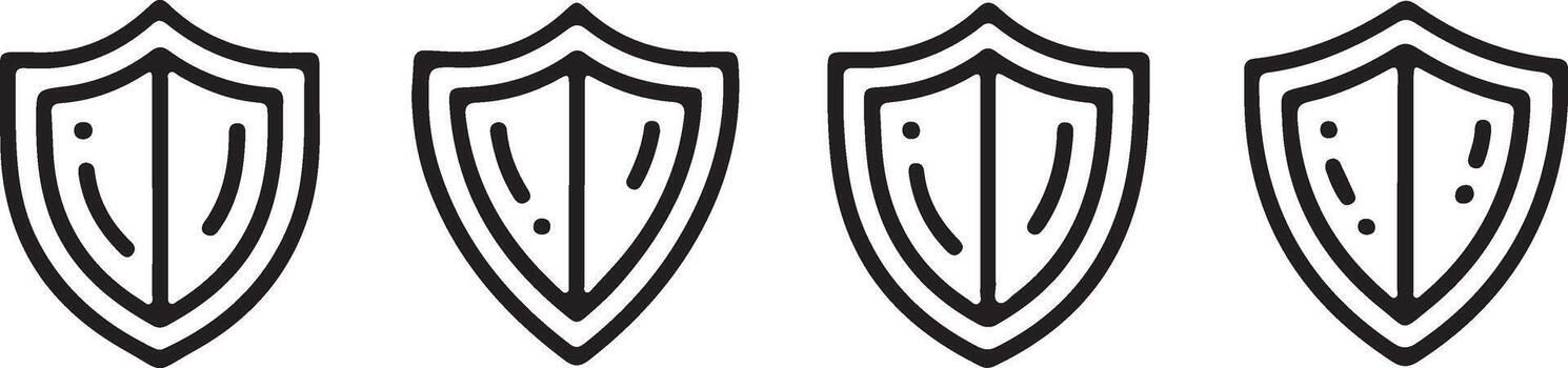 Four outline shields in a row on white background vector