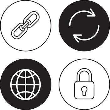 Four circular icons representing web link refresh security and global connectivity vector