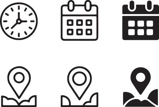 Clock calendar and location icons for planning and navigation vector