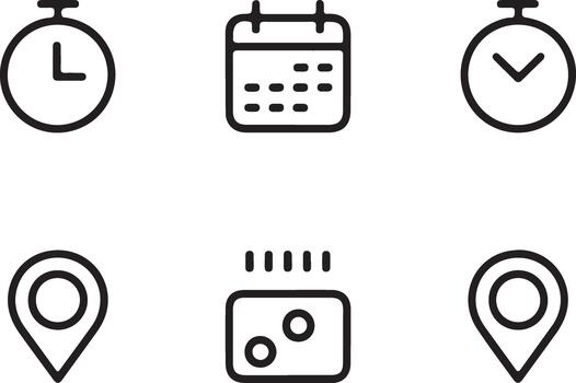 Set of six simple line icons representing time date and location vector