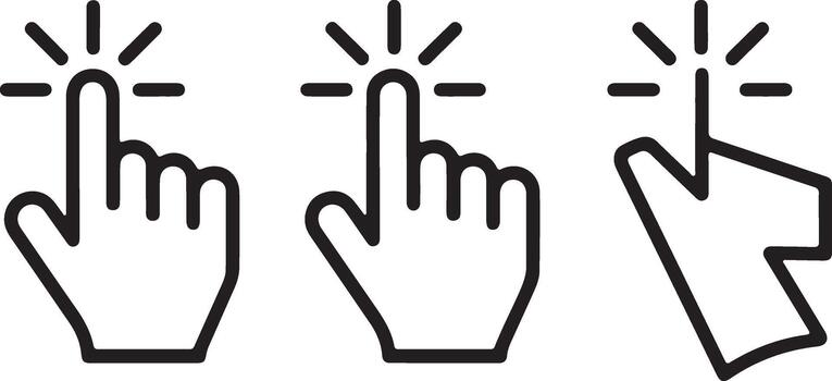 Three hand cursor icons showing click action vector