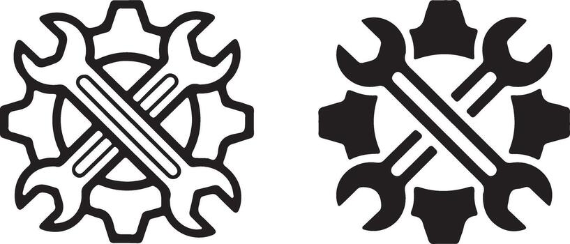 Two stylized icons of crossed wrenches and gears representing tools and mechanics vector