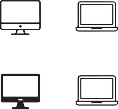 Simple line art icons of desktop computers and laptops vector