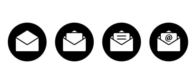 Email envelope icon set in black circle. Open mail with letter and mention symbol vector