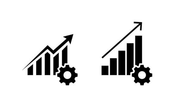 Growth optimization icon. Business analytics and performance improvement symbol. Chart with upward arrow and gear sign vector
