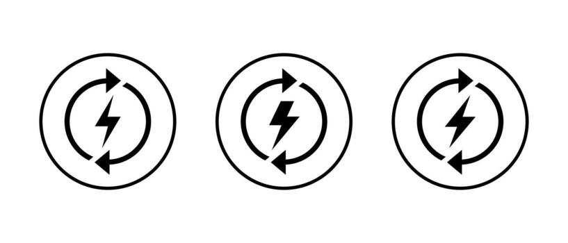 Energy refresh icon in circle line. Lightning bolt with circular arrow symbol. Power recharge and electricity sign vector