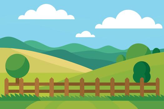 A cartoon illustration of a field with a fence and trees vector