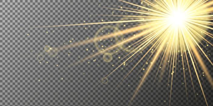 A shining golden light burst with sunbeams, lens flare, and glitter. Festive aurora with bright, shining rays. Glow, shiny, starlight, dust, white beam, sparkling, background effect vector