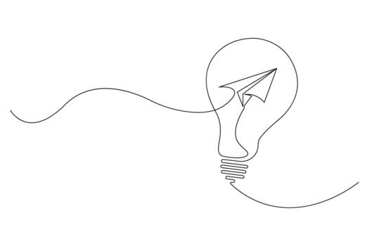 continuo línea dibujo de bombilla con volador papel avión vector