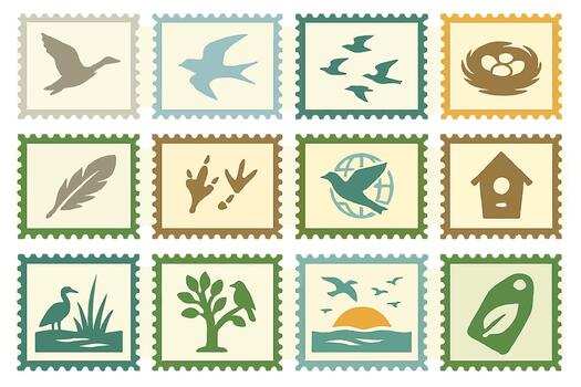 Migratory Bird and Nature Stamps Collection with Birds, Nests, and Ecosystems vector