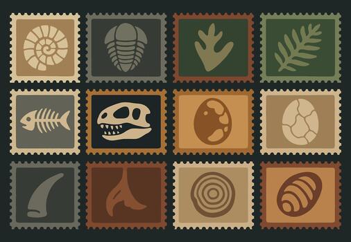 Fossil-Inspired Stamps Featuring Shells, Bones, and Prehistoric Creatures vector