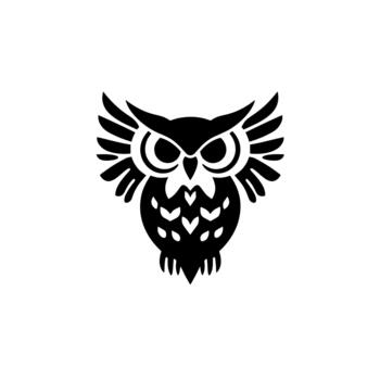 A stylized black and white illustration of an owl with sharp details and simplistic design. vector