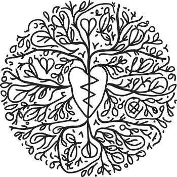 A black and white drawing of a tree with a heart in the middle vector