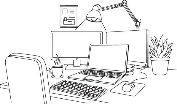 A drawing of a computer desk with a laptop and monitor vector
