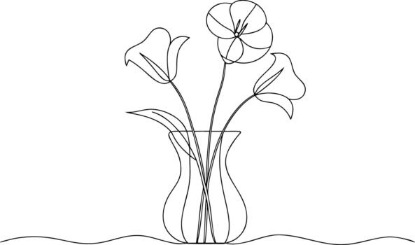 Black outline of three flowers in a vase black and white vector