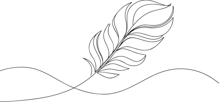 Single line drawing of a feather on wavy lines continuous line vector