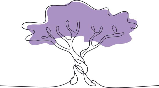 Abstract single line drawing of a vibrant purple tree with twisting trunk and roots vector
