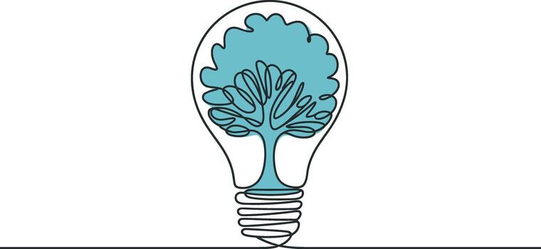 Abstract single line drawing of a light bulb containing a vibrant green tree vector