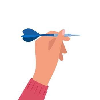 Human hand with tool for playing darts. Dart throw as symbol of success, goal achievement. Hand holding throwing dart with sharp tip vector