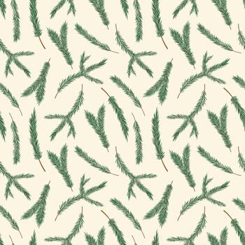 Fir tree branches seamless pattern. Green pine twigs with needles on light cream background. Botanical winter evergreen conifer repeat design for Christmas, wrapping, seasonal festive prints. vector
