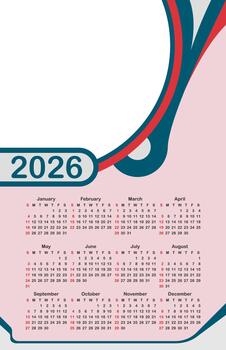 Full 2026 calendar layout with all months in grid format, red highlights for Sundays and holidays, modern background design ideal for planning and scheduling. vector