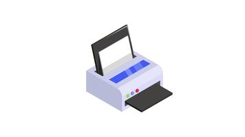 Isometric animated icon of a printer with paper being printed, symbolizing document production. video