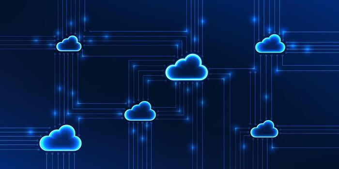Cloud technology background with connected data networks, symbolizing cloud computing, online data storage, and information sharing through internet systems vector