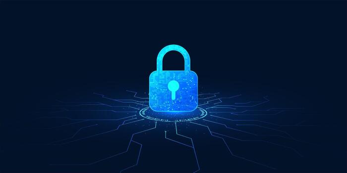 Cybersecurity background with a digital lock connected to technology circuits, symbolizing data protection, privacy, and advanced network security systems vector