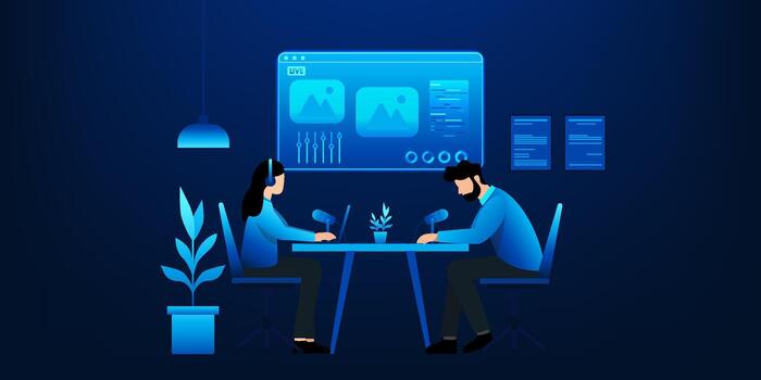 Podcast host speaking into a microphone while live streaming, symbolizing modern digital broadcasting, online communication, and creative content production in the era of social technology vector