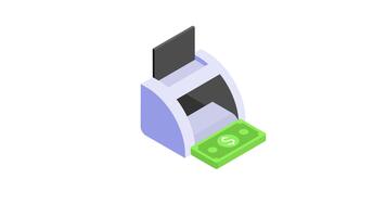 isometrisk animerad ikon av en pengar räkning maskin bearbetning och verifierande valuta räkningar exakt video