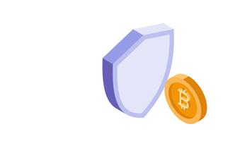 isometrisk animerad ikon skildrar en skydda och en bitcoin mynt, representerar kryptovaluta säkerhet video