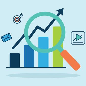 Digital Marketing Analytics with Magnifying Glass and Bar Chart vector