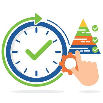 Clock with Checkmark and Hand Interacting with Pyramid Chart for Productivity and Efficient Time Management vector