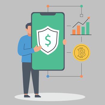 Abstract Character Holding Smartphone with Dollar Shield and Chart Representing Secure Financial Technology and Investment vector