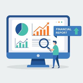 An abstract character analyzing a financial report on a monitor, showing business analysis and financial insights vector