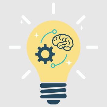 A bright lightbulb encompassing a gear and a brain, symbolizing innovative idea generation and creative thinking vector