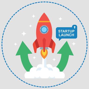 A vibrant red rocket launching with upward arrows, symbolizing a successful startup business launch vector