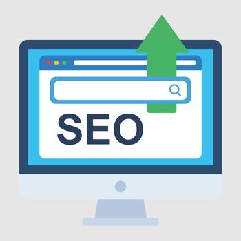 A computer monitor displaying a search bar with an upward arrow and SEO, symbolizing search engine optimization and improved ranking vector