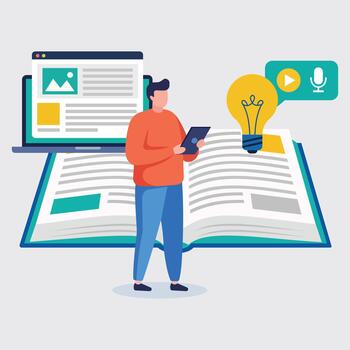 An abstract character with a quill pen over an open book, symbolizing content creation and digital storytelling vector