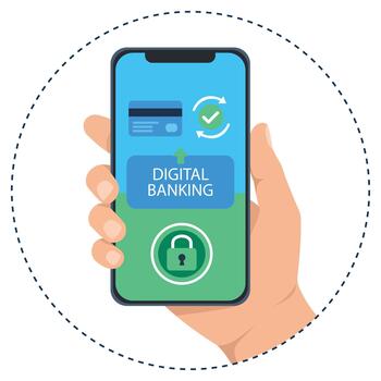 A hand holding a smartphone displaying a secure transaction with a credit card and lock icon, representing digital banking and online payments vector