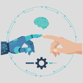 An abstract robot hand touching a human hand, symbolizing the integration of AI and human collaboration vector