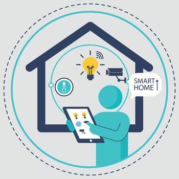 An abstract character controlling smart home devices via a tablet, depicting home automation and IoT vector