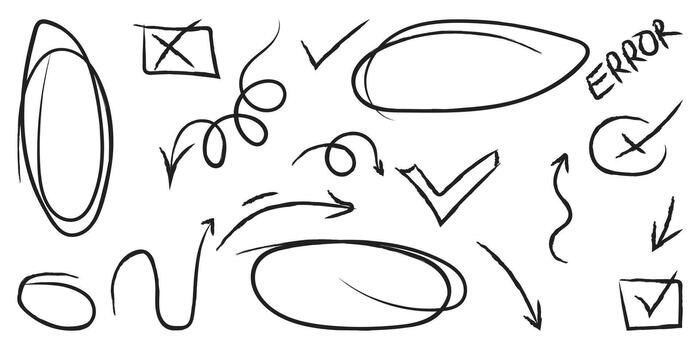 Hand drawn collection of scribbled arrows checkmarks circles and an error word vector