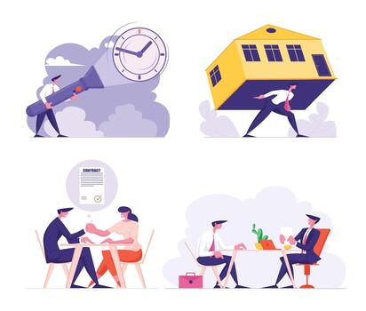 Man Carry Huge House on Back Struggling with Overwhelming Mortgage, Banking Credit or Expensive Rent. Hr Manager and Applicant at Job Interview. Deal Contract, Time Cartoon Flat Illustration vector