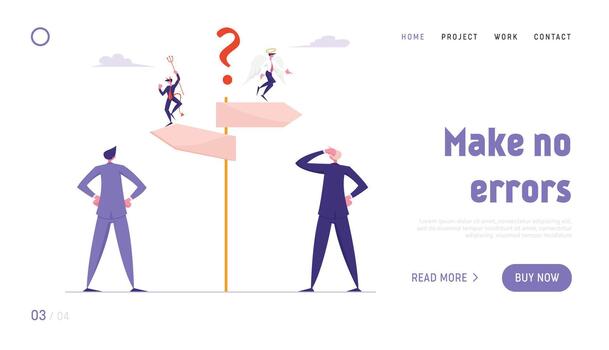 Doubts and Confusion Website Landing Page. Businesspeople Making Important Decision and Choice Stand at Crossroad with Devil and Angel on Road Pointer Web Page Banner. Cartoon Flat Illustration vector