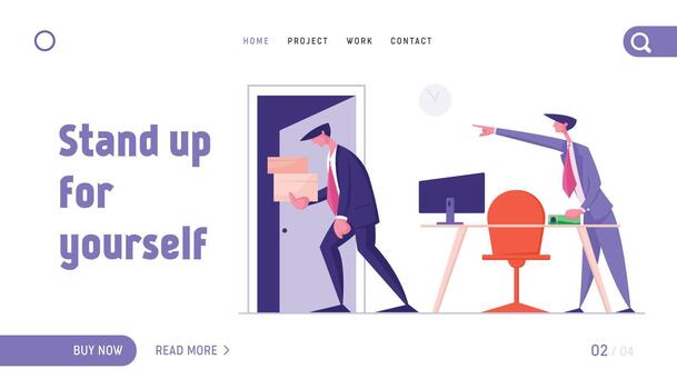Fired Employee Leaving Office with Things Website Landing Page. Angry Boss Shouting and Pointing on Door to Sad Worker Carrying his Belongings in Box. Web Page Banner. Cartoon Flat Illustration vector